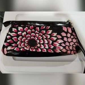 Pretty black floral wristlet purse colorful flower design pink purple white